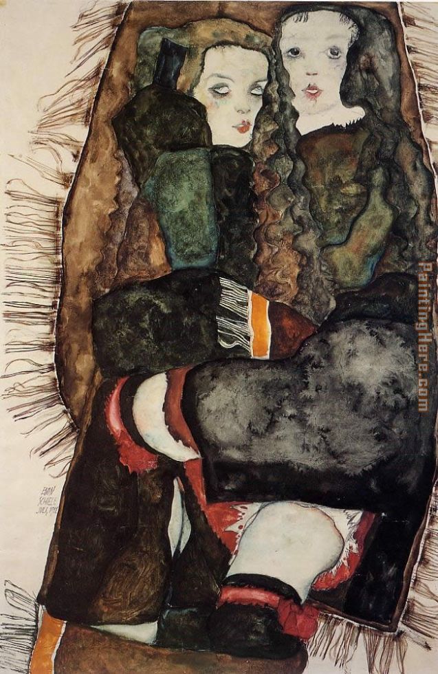Two Girls on a Fringed Blanket painting - Egon Schiele Two Girls on a Fringed Blanket art painting